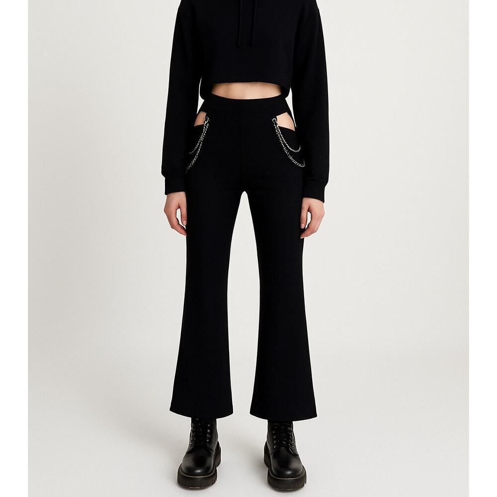 Outcast Chain Trimmed High Rise Hip Cutout Flare Pants Black Women's Small NWT
